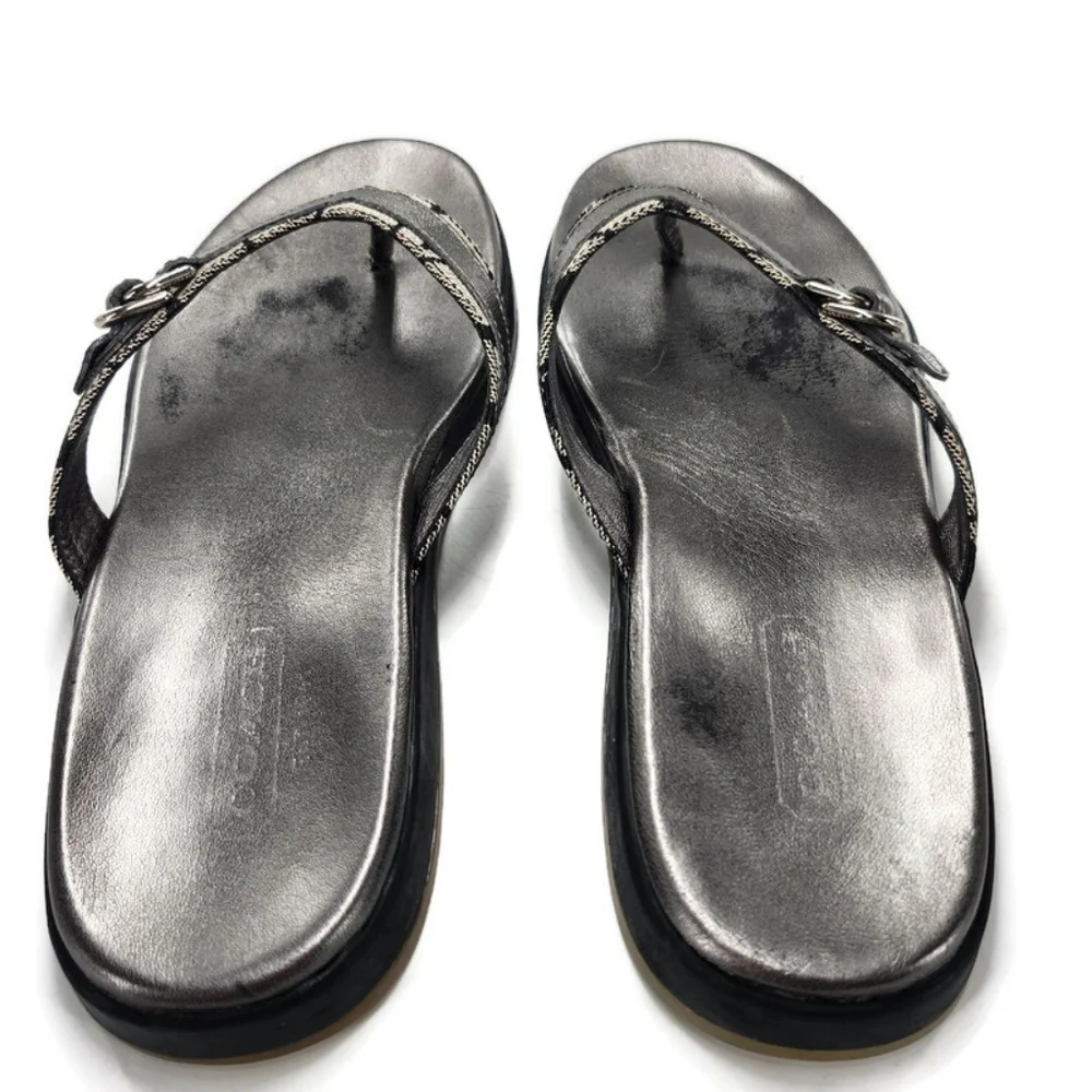 Coach Lindsey Black & White Jacquard Gunmetal Silver Leather Flip-Flop Sandals